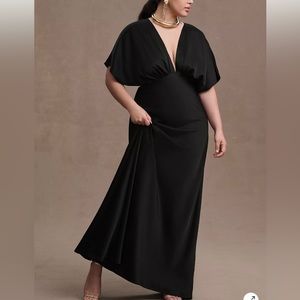 BHLDN Leila Deep-V Flutter-Sleeve Satin A-Line Gown - BLACK 22